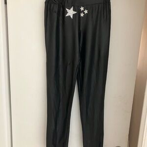 NWT ladies custom faux leather pants Banded waist & ankle. Glitter front & back